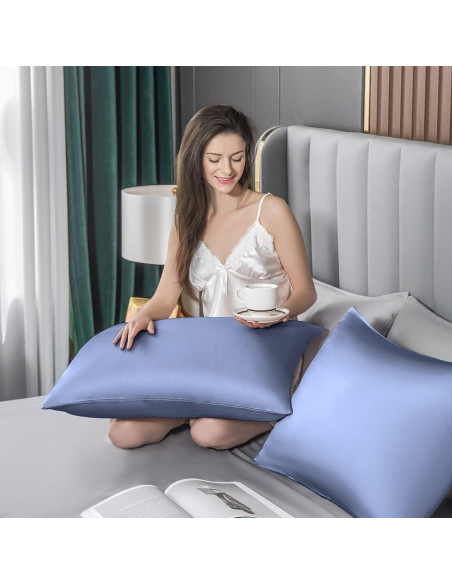 Funda de Almohada de Seda SIYUAN Cuerpo Azul Grisáceo Suave