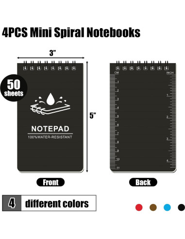 Koogel Mini Cuadernos Espirales Impermeables 4PCS 7.6x12.7cm
