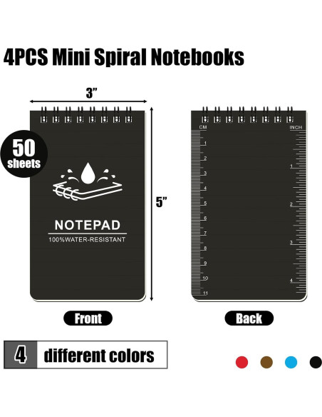 Koogel Mini Cuadernos Espirales Impermeables 4PCS 7.6x12.7cm