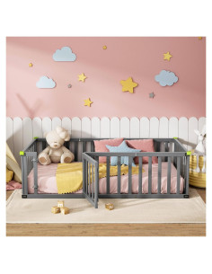 Cama Montessori Twin ROOMTEC Gris Madera Maciza con Valla