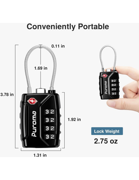 Candado de Equipaje Puroma CLL28B Combinación 4 Dígitos Negro