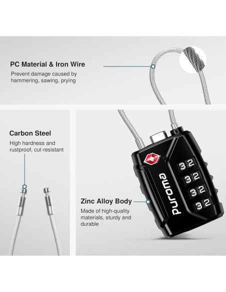Candado de Equipaje Puroma CLL28B Combinación 4 Dígitos Negro
