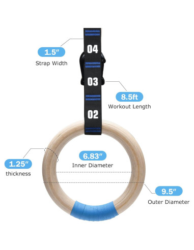 Anillas de Gimnasia de Madera Zingtto 3.18 cm con Correas 2.59 m