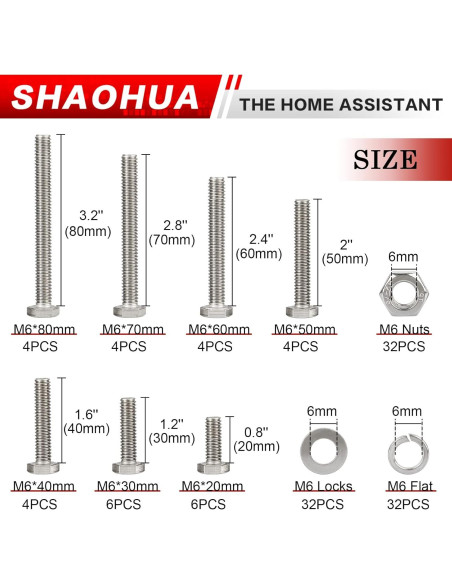 Kit de Tornillos y Tuercas M6 SHAOHUA 128 Piezas Acero Inoxidable