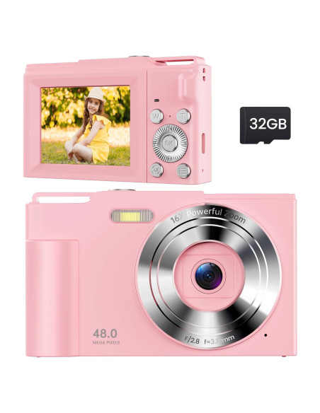 Cámara Digital Compacta ROQIOO Rosa 48MP Zoom 16X Niños