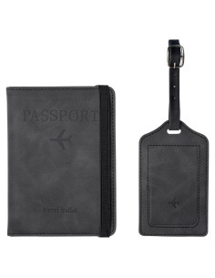 Juego de Etiquetas de Equipaje y Portapasaporte YLrank Negro