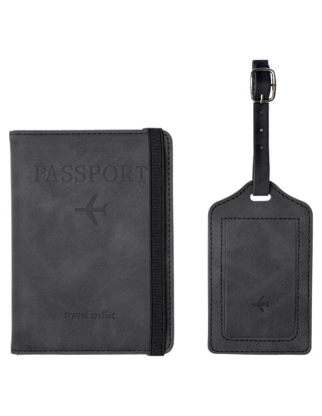 Juego de Etiquetas de Equipaje y Portapasaporte YLrank Negro