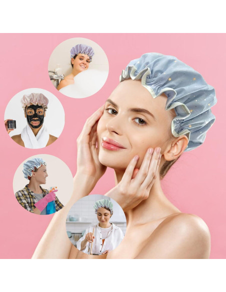 Gorras de Ducha Reutilizables Yeetandoo Doble Capa Impermeable Azul