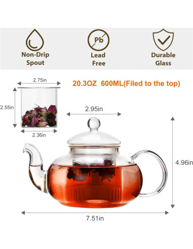 Tetera de vidrio CNGLASS 600 ml con infusor removible