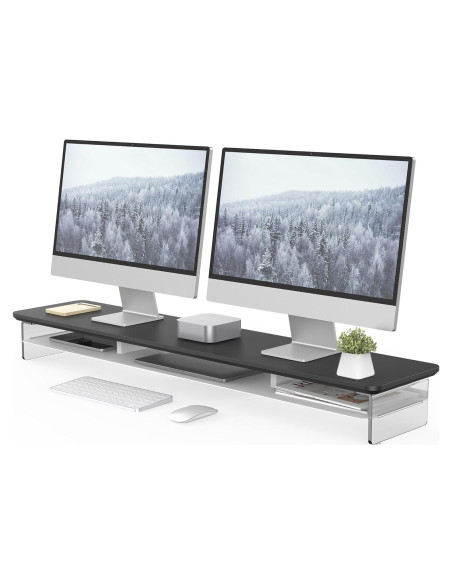 Soporte Doble Monitor Acrílico Fenge 108 cm Negro con Almacenamiento
