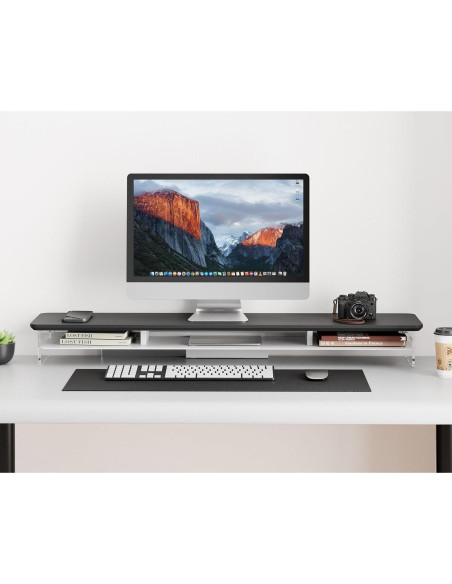 Soporte Doble Monitor Acrílico Fenge 108 cm Negro con Almacenamiento