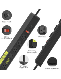 Regleta de 20A JUNNUJ con 6 Salidas Espaciadas 1.83m 2