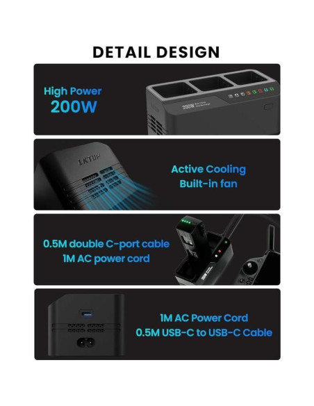 Cargador Hub 200W LKTOP para DJI Mavic 3 - Carga Rápida 1hr
