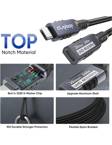 Cable Extensión USB C 1.83m CLAVOOP 20Gbps 240W 4K@60Hz
