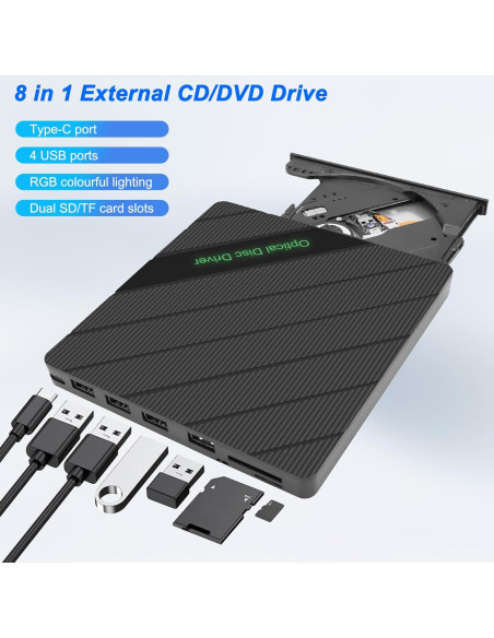 Unidad Externa CD/DVD XMSJSIY USB 3.0 Tipo-C 8 en 1 Portátil