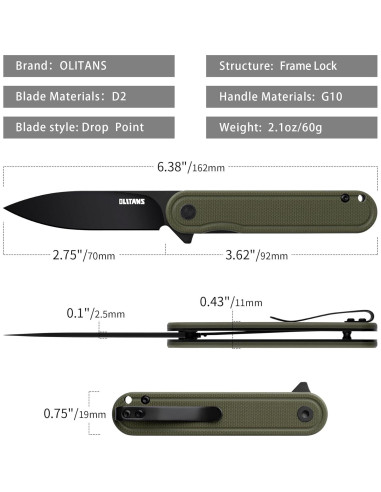 Cuchillo de bolsillo OLITANS G040, acero D2 6.99 cm, mango G10