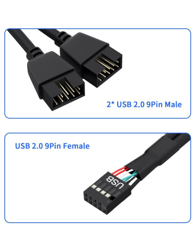 Divisor USB 2.0 OwlTree 9 Pines Doble Extensión 16 cm Negro