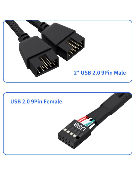 Divisor USB 2.0 OwlTree 9 Pines Doble Extensión 16 cm Negro Divisor USB 2.0 OwlTree 9 Pines Doble Extensión 16 cm Negro