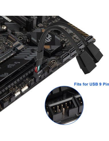 Divisor USB 2.0 OwlTree 9 Pines Doble Extensión 16 cm Negro