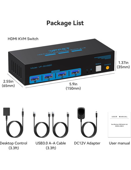 Interruptor KVM HDMI 2 Monitores 2 PC 4K 60Hz USB 3.0 CMSTEDCD