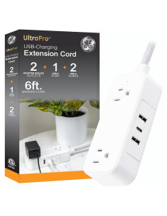 Toma de Corriente Plana GE 6ft con 2 USB-A y 1 USB-C