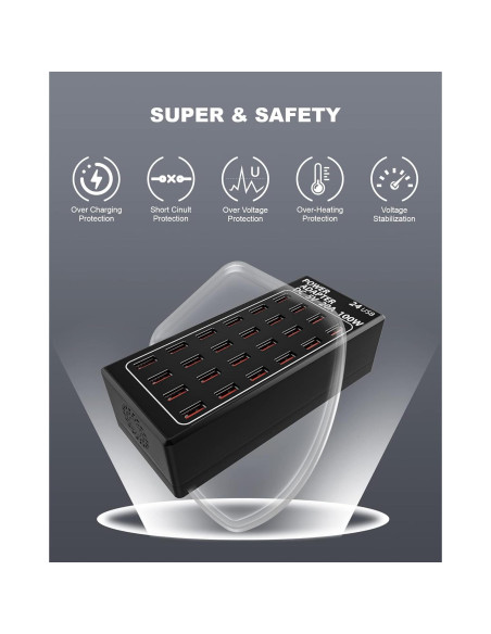 Estación de Carga USB 24 Puertos RUANSZZ 100W Cargador Rápido