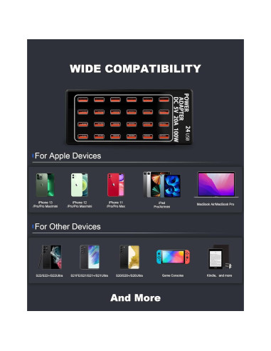 Estación de Carga USB 24 Puertos RUANSZZ 100W Cargador Rápido