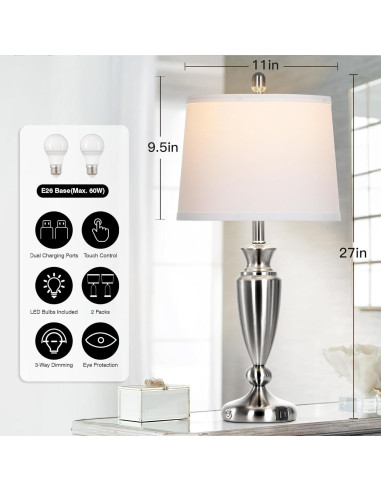 Juego de 2 Lámparas de Mesa Rinweey Plata con USB y Táctil