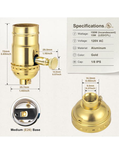 Portalámparas Regulable DiCUNO E26 Vintage Dorado 150W