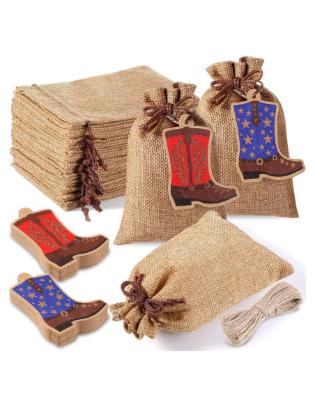 50 Bolsas de Yute Mooliwe con Cierre y Etiquetas Vaquero 10x15 cm