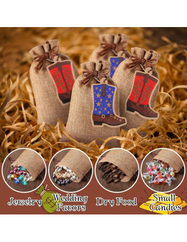 50 Bolsas de Yute Mooliwe con Cierre y Etiquetas Vaquero 10x15 cm