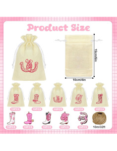 50 Bolsas de Regalo de Arpillera Cowboy 15x10 cm con Etiquetas 2