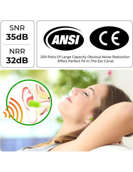 200 Pares Tapones de Espuma DISON 35dB Protección Auditiva Verde