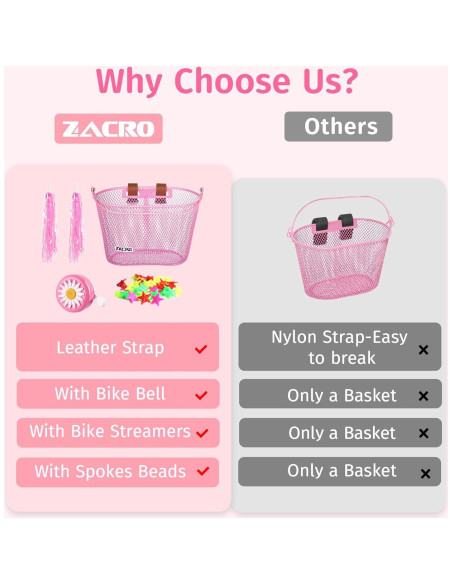 Cesta de Bicicleta para Niños Zacro Rosa con Timbre y Streamers