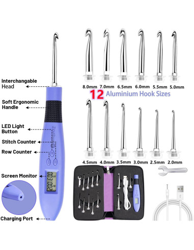 Conjunto de Ganchos de Crochet Zcvtbye con Luz LED y Contador