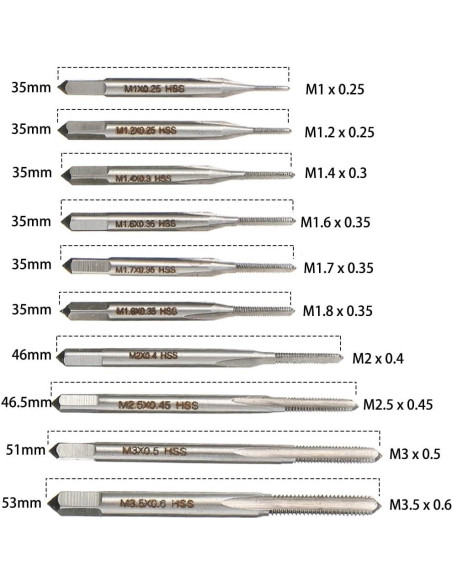 Juego de 10 Tapones de Rosca Metrico HSS Saipe M1-M3.5