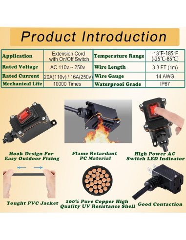 Interruptor de Cable en Línea KarlKers 3FT IP67 20A 250V