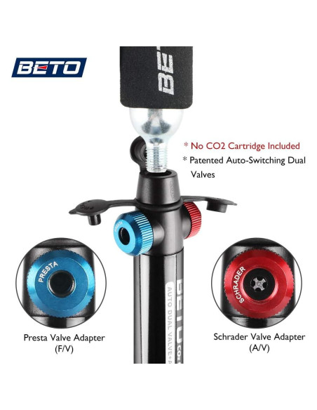 Bomba de bicicleta Beto CO2 y manual, 80g, cabezal doble