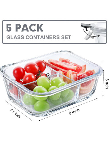 Contenedores de Vidrio VERONES 5 Piezas 36oz 3 Compartimentos