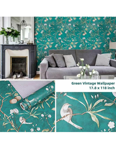 Papel de forro autoadhesivo HOYOYO verde con flores y pájaros 45x300cm