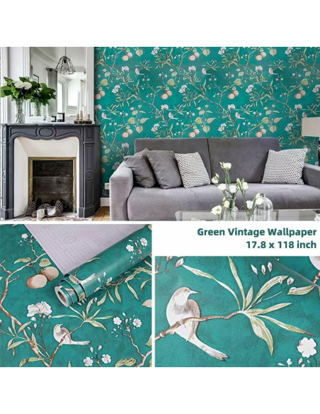 Papel de forro autoadhesivo HOYOYO verde con flores y pájaros 45x300cm Papel de forro autoadhesivo HOYOYO verde con flores y pájaros 45x300cm
