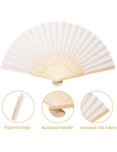 50 Abanicos de Tela Imitada Crema con Bolsas de Organza 2