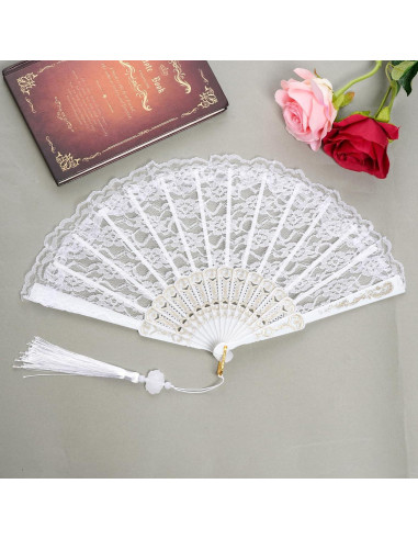 Abanico de Mano Plegable Jmkcoz Blanco Floral 42 cm