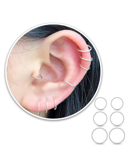 3 Pares de Aros de Nariz Plata Esterlina 925 Hechos a Mano 6-8mm