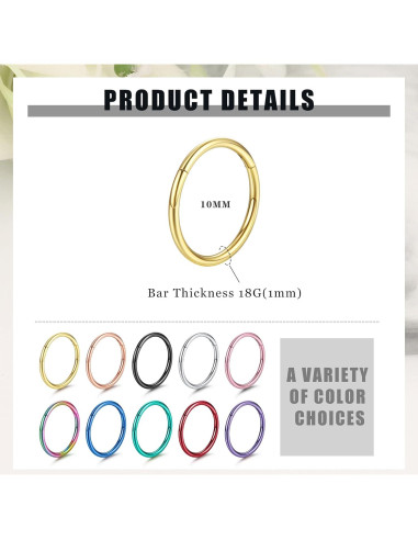 Set de 10 Aros de Septum Besteel 18G Acero Quirúrgico 10MM