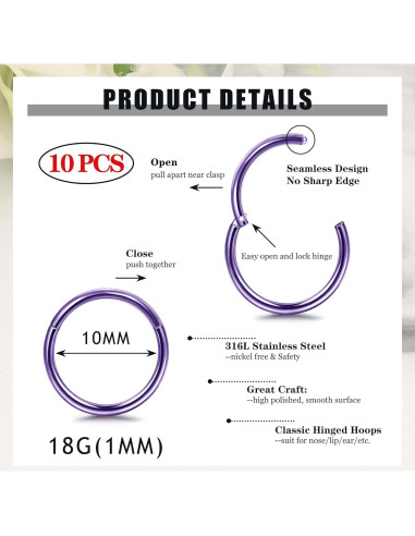 Set de 10 Aros de Septum Besteel 18G Acero Quirúrgico 10MM