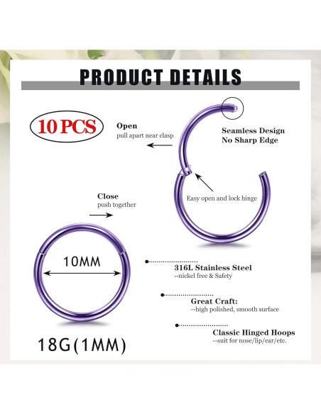 Set de 10 Aros de Septum Besteel 18G Acero Quirúrgico 10MM