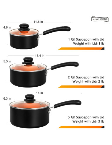 Cacerolas Antiadherentes MICHELANGELO 1+2+3L con Tapa