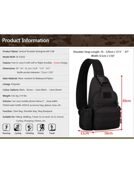 Bolsa Táctica Militar Resistente al Agua MOLLE Negra 30x16x11 cm