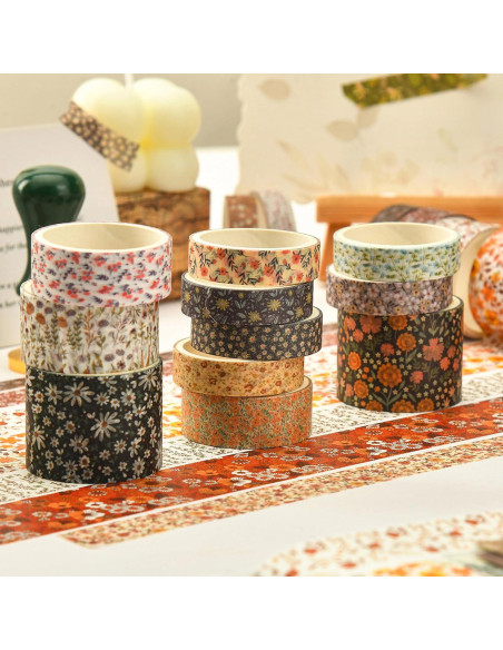 Juego de 12 Rollos de Cinta Washi Floral Songdao 2m 10-30mm